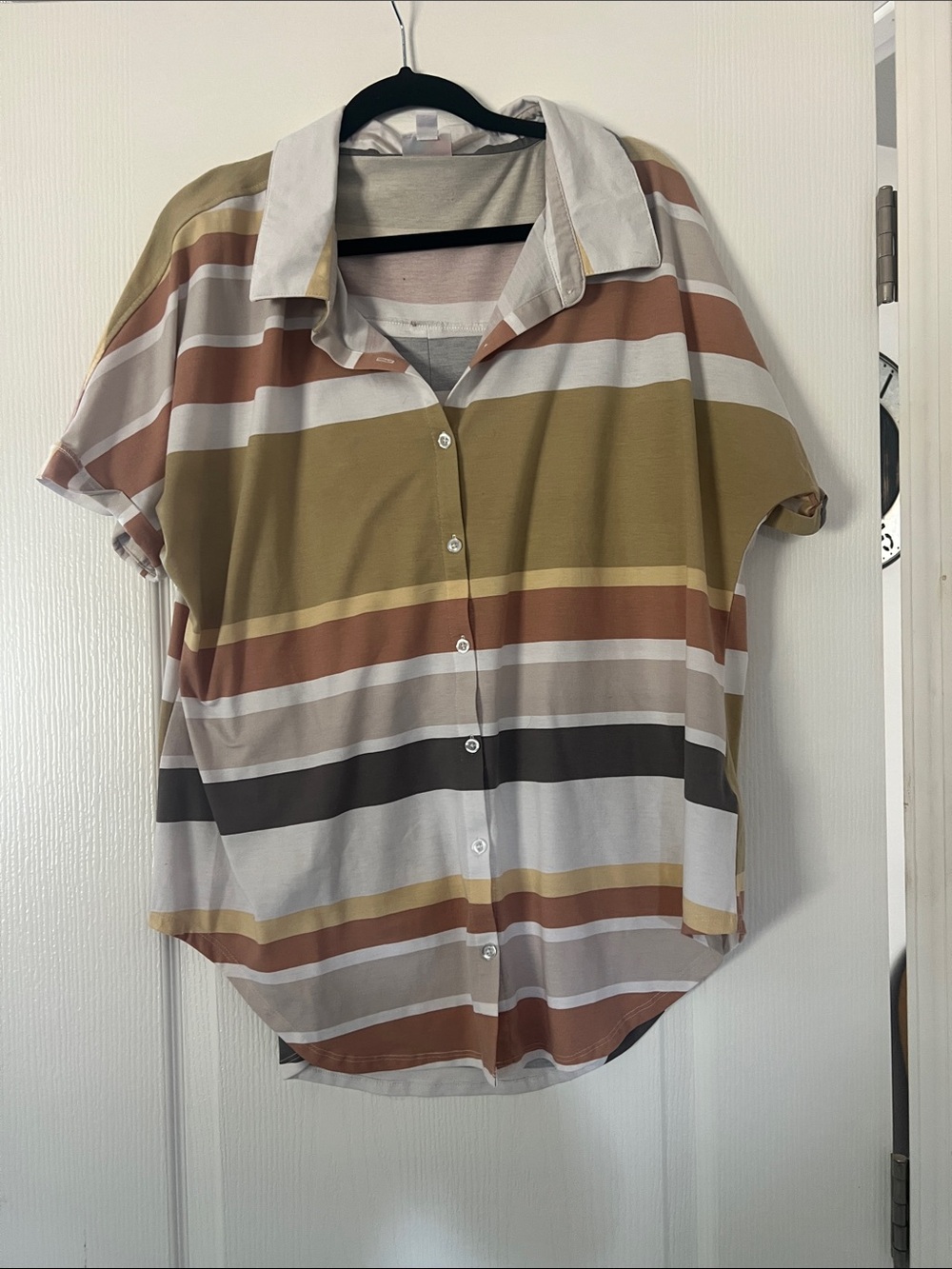 LuLaRoe Striped Button-Down Top in Mustard, Rust and Taupe